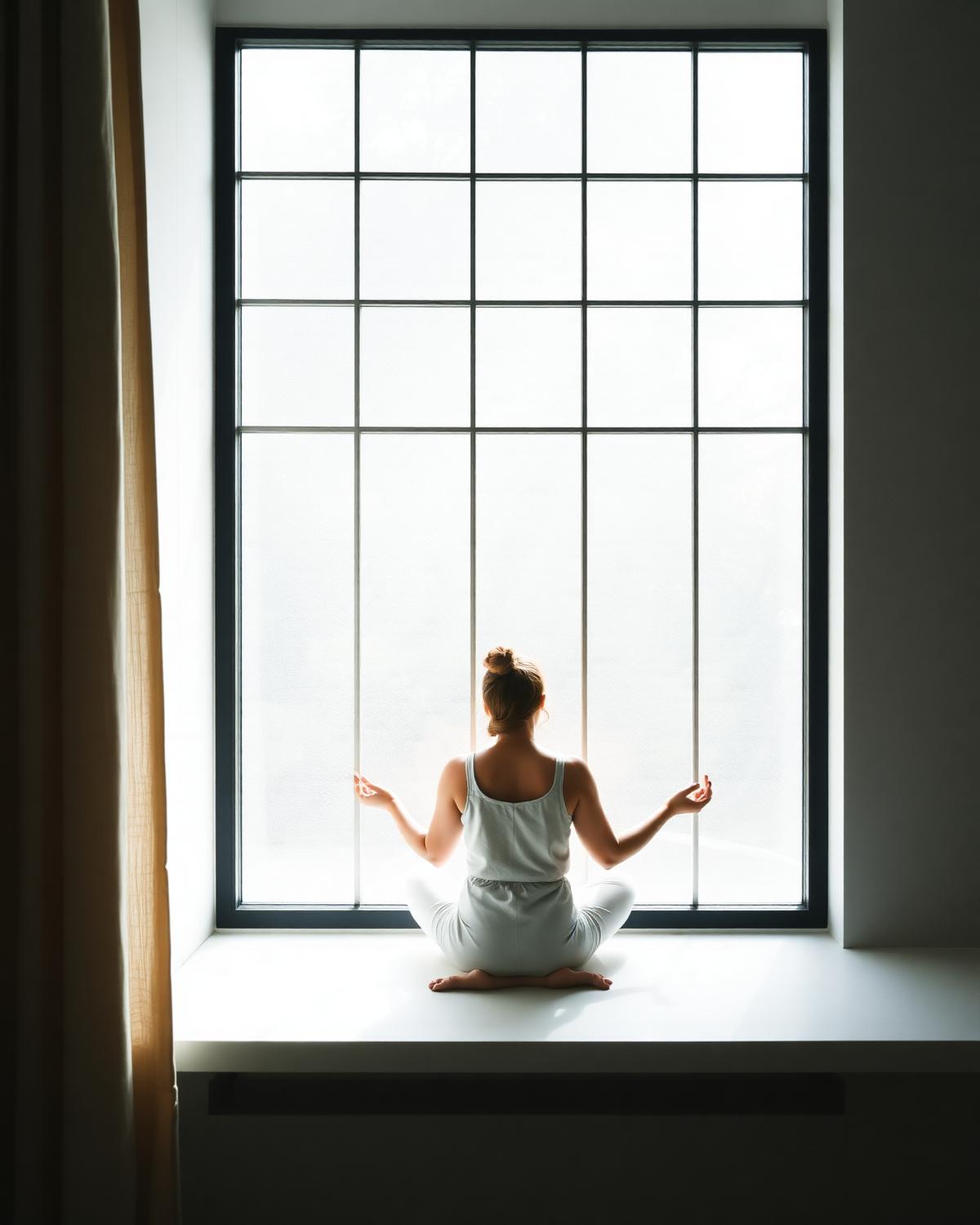 Mujer meditando junto a una ventana