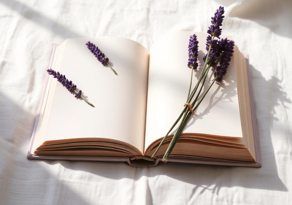 Libro abierto con lavanda